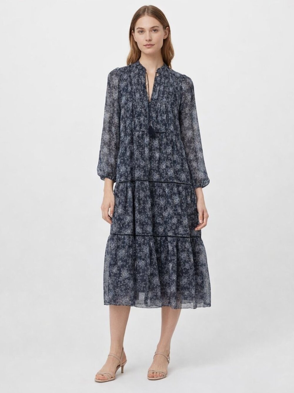 Lucky Brand Women's Floral Long Sleeve Midi Dress NWOT Lined Ribbon Detail Blue
